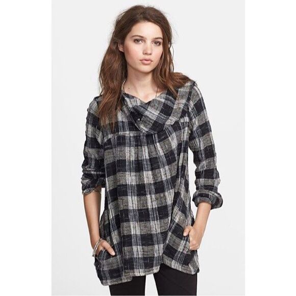 Free People-Walk In The Park Plaid Cowl Neck Tunic Top - Picture 1 of 12